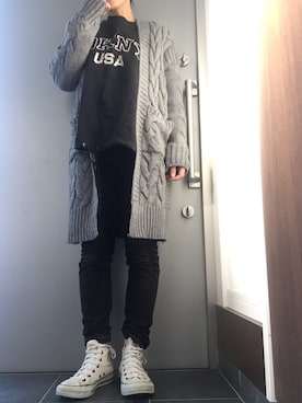 「ケーブルカーディガン」｜「アイテム（スウェット）」を使った、サオルさん（レディース・153cm）の冬コーディネート