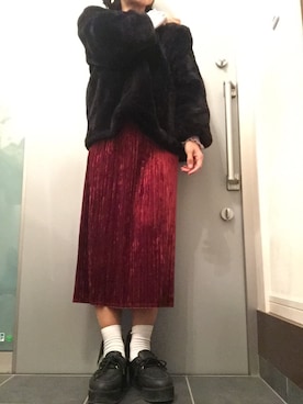 「ベロアスカート」｜「アイテム（その他シューズ）」を使った、サオルさん（レディース・153cm）の冬コーディネート