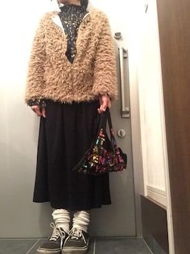 「黒スカート」｜「アイテム（ノーカラージャケット）」を使った、サオルさん（レディース・153cm）の冬コーディネート