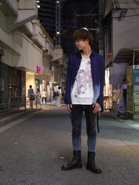 「KMRii（ケムリ）のアイテム（Tシャツ/カットソー）」を使った、motohisaさん（メンズ・176cm）の夏コーディネート