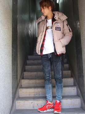 「muta（ムータ）のアイテム（ダウンジャケット/コート）」を使った、motohisaさん（メンズ・176cm）の秋コーディネート