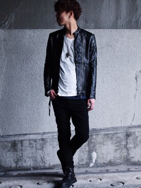 「KMRii」｜「アイテム（ライダースジャケット）」を使った、motohisaさん（メンズ・176cm）の春コーディネート