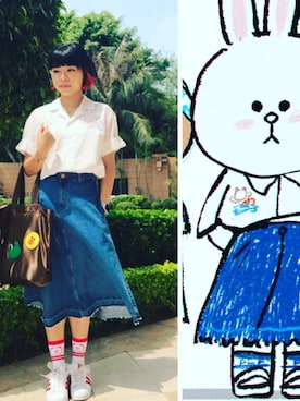 「pushBUTTONのアイテム」を使った、Kathy Kanさん（レディース・164cm）の春コーディネート