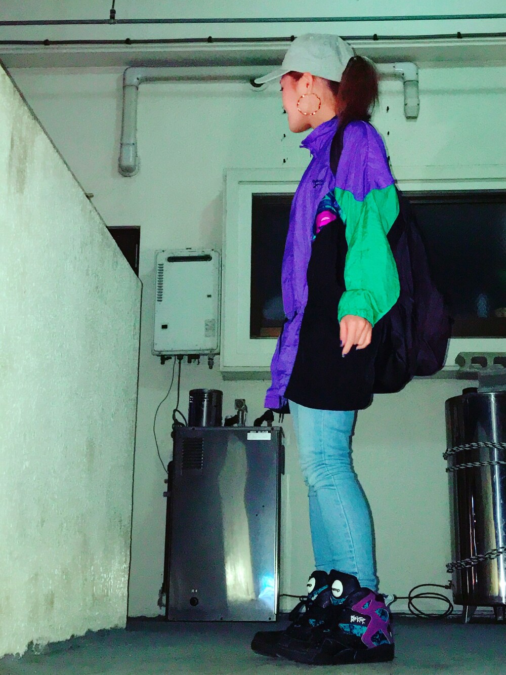 「ootd、used、古着、古着コーデ」｜「Reebokのアイテム（ジャケット/アウター、その他）」を使った、yucarさん（レディース・150cm）の春コーディネートの1枚目の写真
