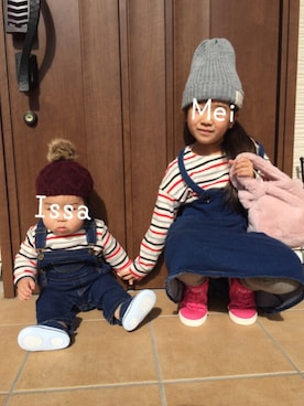 「Moujonjon（ムージョンジョン）のアイテム（オールインワン・サロペット）」を使った、MeIssaさん（キッズ・80cm）の秋コーディネート