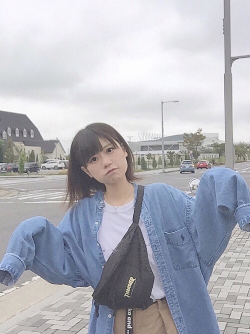 「秋色、スポーツMIX'18秋、カジュアルコーデ、パンツスタイル、アウター、古着、ストリート服が好き、オーバーサイズ、秋コーデ」｜「YOUSEDのアイテム（トップス、ブルー系）」を使った、ぴんさん（レディース・156cm）の秋コーディネートの1枚目の写真