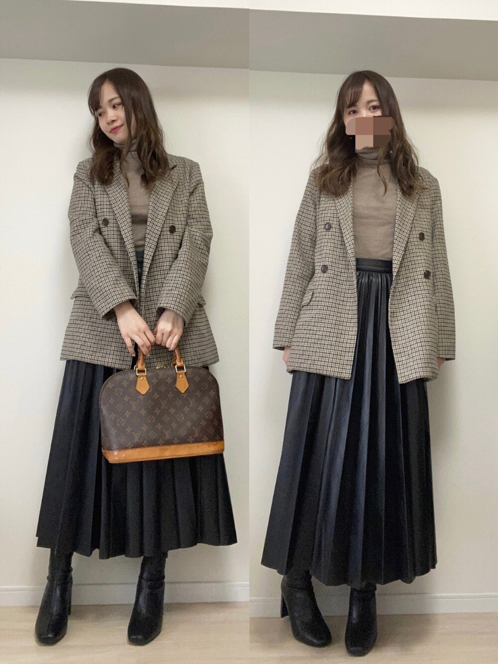 「ブラウン、ジャケット、レザースカート、プリーツスカート、ストレッチブーツ、ショートブーツ、チェックジャケット、ルイヴィトン、タートルネック、ユニクロ」｜「SPINNSのグレンチェックガンクラブチェックテーラードジャケット / ダブル（テーラードジャケット、ベージュ系）」を使った、𝐌  さん（レディース・159cm）の冬コーディネートの1枚目の写真