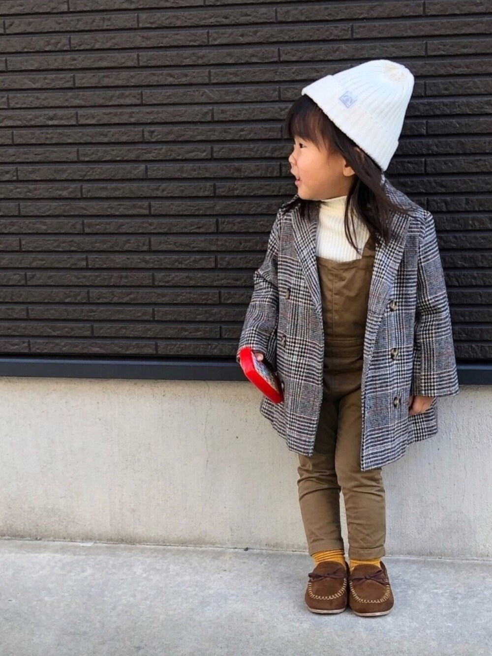 「B:MING by BEAMS、Branshes、西松屋、quoti use fith、きのこたけのこどっちのこ?!後夜祭、秋サロペ2018たけのこ派」｜「B:MING by BEAMSのビーミング by ビームス / リブワッチキャップ（ニットキャップ/ビーニー、ホワイト系）」を使った、☆meimei☆さん（キッズ・90cm）の秋コーディネートの1枚目の写真