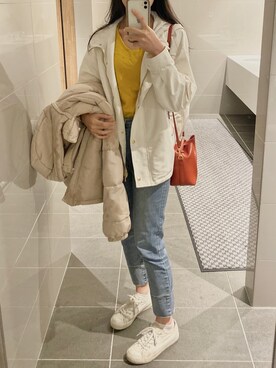 「MUJI」｜「アイテム（ダウンジャケット/コート）」を使った、Jessieさん（レディース・167cm）の春コーディネート