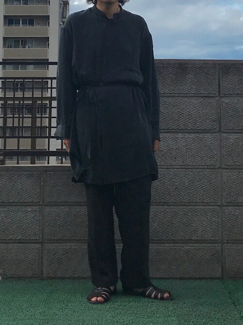 エトセンス big shirt ブラック ノーカラーロングシャツ ETHOSENS