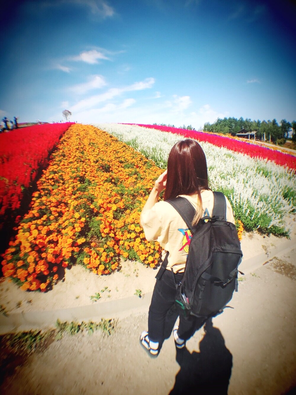 「北海道、旅行、エックスガール、メンズライク、黒、サンダル、ootd、動きやすい、カメラ女子、サンダルに靴下」｜「TevaのTEVA / FLATFORM UNIVERSAL（サンダル、ブラック系）」を使った、ちほさん（レディース・156cm）の秋コーディネートの1枚目の写真
