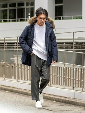 「WOOLRICH（ウールリッチ）のアイテム（ダウンジャケット/コート）」を使った、miuraさん（メンズ・178cm）の冬コーディネート