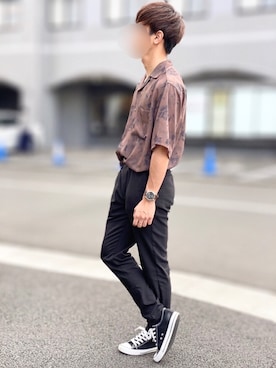 「HARE（ハレ）のオープンカラーフラワーシャツ(HARE)（シャツ/ブラウス、ブラウン系）」を使った、東北大生のWEARさん（メンズ）の秋コーディネート