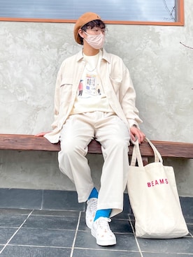 「オールホワイト」｜「アイテム（ハンチング/ベレー帽）」を使った、ひかり《相互》さん（メンズ・162cm）の冬コーディネート