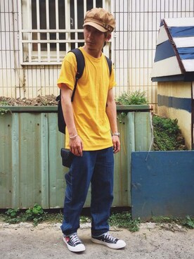 「carhartt」｜「アイテム（ハンチング/ベレー帽）」を使った、楊喜碧さん（メンズ・170cm）の夏コーディネート