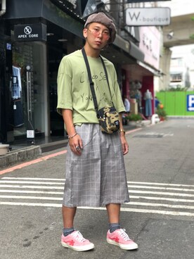 「BEAMS（ビームス）のアイテム（ハンチング/ベレー帽）」を使った、楊喜碧さん（メンズ・170cm）の秋コーディネート