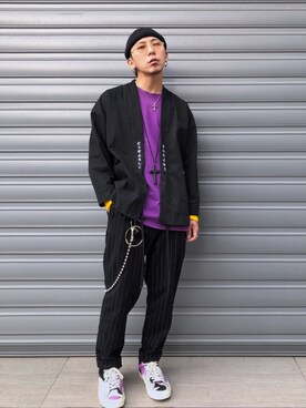 「kimono」｜「アイテム（ノーカラージャケット）」を使った、楊喜碧さん（メンズ・170cm）の冬コーディネート