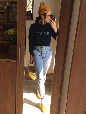 「yellow」｜「アイテム（ニットキャップ/ビーニー）」を使った、xxyuuuxxさん（レディース・159cm）の春コーディネート
