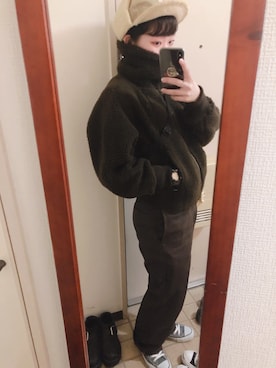「ROUND HOUSE（ラウンドハウス）の【ROUND HOUSE】ナイロン×ボアフライトキャップ（キャップ、ベージュ系）」を使った、tmsnさん（レディース・153cm）の冬コーディネート
