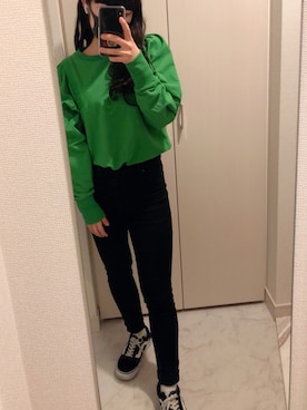 「EMODA（エモダ）の【ELDER】NUDE J/W DENIM（デニムパンツ、ブラック系）」を使った、tmsnさん（レディース・153cm）の春コーディネート