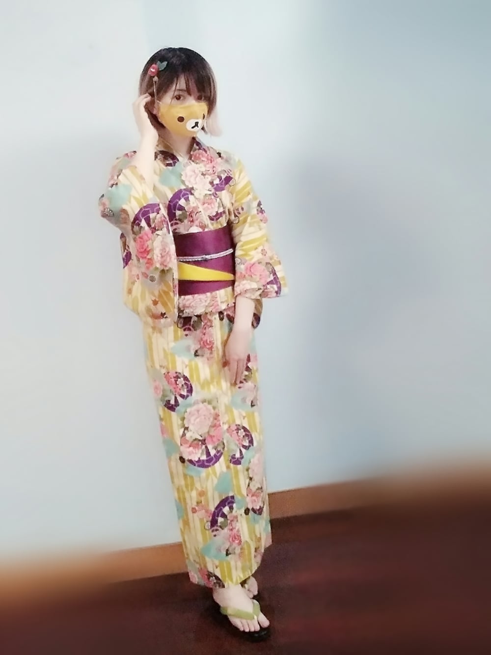 「Nico Antiqueの大正浪漫 古典和柄 浴衣としても着物としても着用可能（浴衣、イエロー系）」を使った、步同さん（レディース・162cm）の夏コーディネートの1枚目の写真