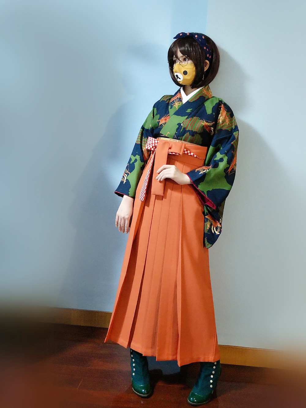 袷 着物 一色 オレンジ色 丸かっ