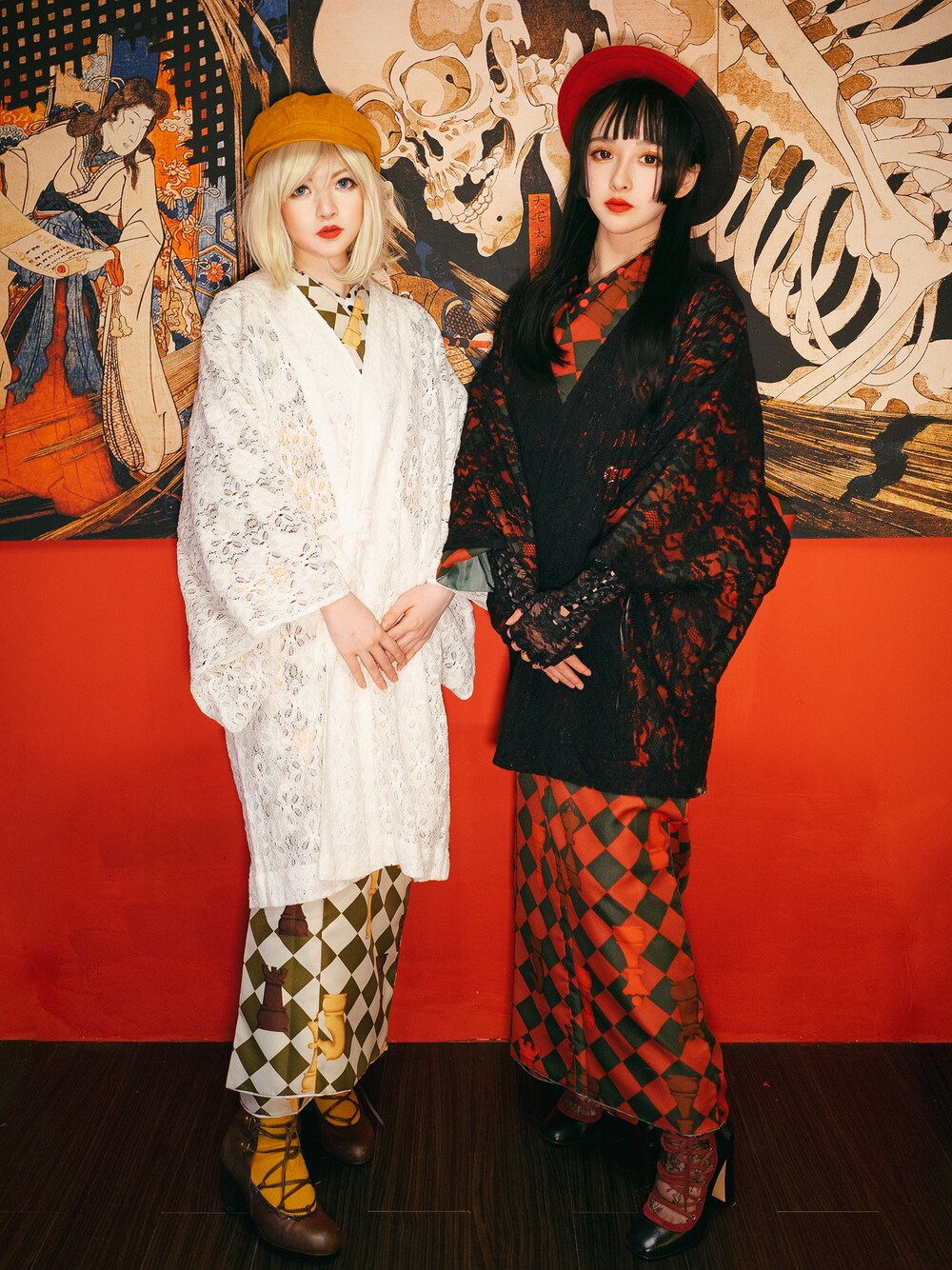 京袋帯＋袷着物セット「着物：白×モスグリーン チェス＋帯