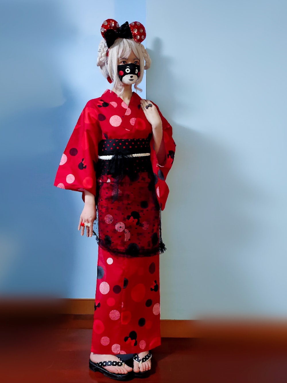 「Disneyのミニー 水玉（浴衣、レッド系）」を使った、步同さん（レディース・162cm）の春コーディネートの1枚目の写真