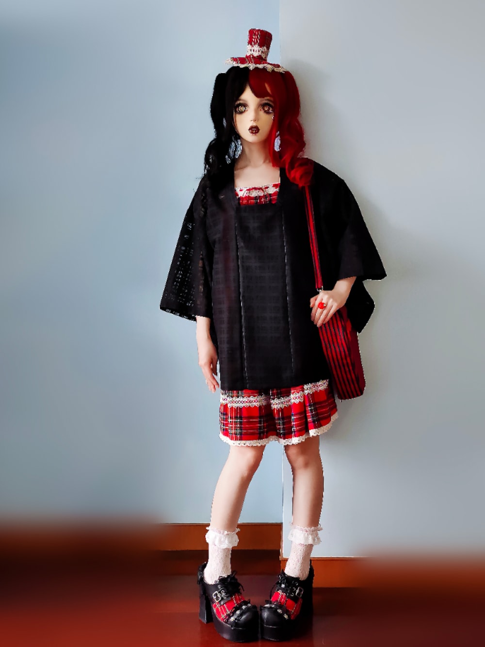 「Dark star islandの苏格兰少女 红格子jsk（ワンピース、レッド系）」を使った、步同さん（レディース・162cm）の夏コーディネートの1枚目の写真