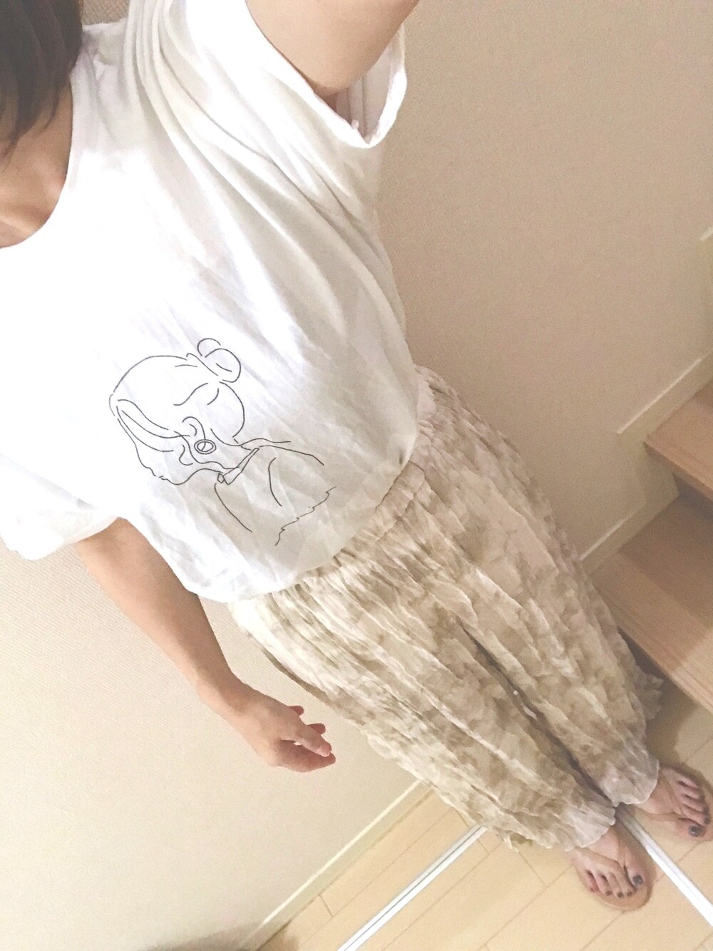 「シンプル、低身長、タイダイパンツ、タイダイ、タイダイ柄、クリケ」｜「クリケのアイテム（Tシャツ/カットソー、ホワイト系）」を使った、ayu*さん（レディース・156cm）の秋コーディネートの1枚目の写真