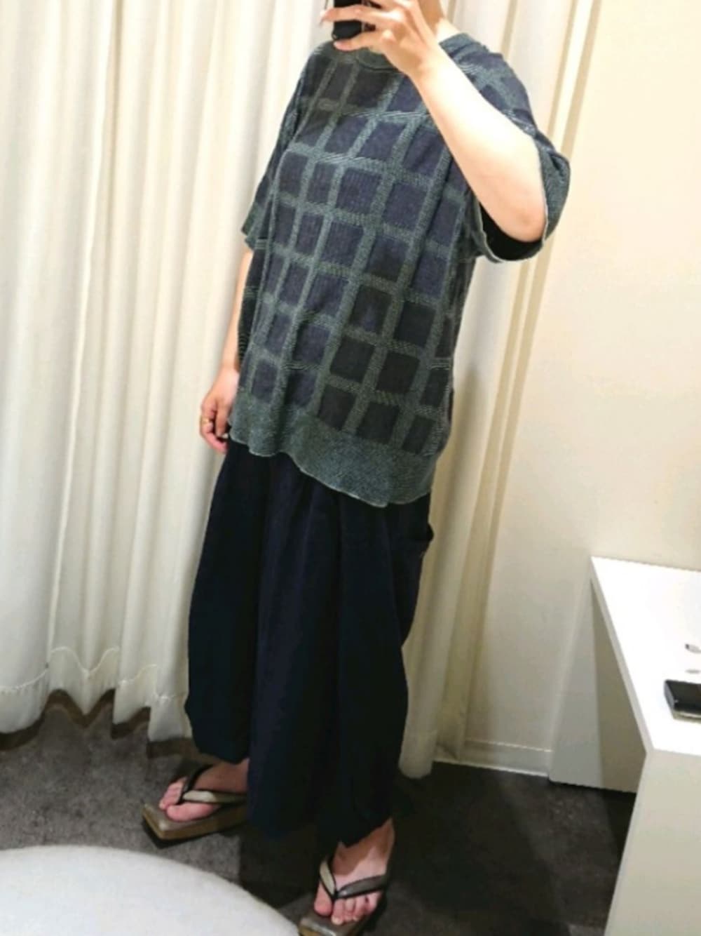 「でぶ、デブでもオシャレ、高身長女子、和風、草履、夏コーデ、サマーニット、メンズライク」｜「mercibeaucoup,のS Ｂ：格子戸ニット（ニット/セーター、グリーン系）」を使った、しろーさん（レディース・173cm）の夏コーディネートの1枚目の写真