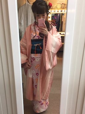 「金沢旅行のアイテム（浴衣、ピンク系）」を使った、Appp1uさん（レディース）の冬コーディネート