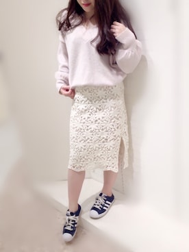 「MULLER（ミューラー）の【JJ4月号掲載】ケミカルレーススリットスカート（スカート、ホワイト系）」を使った、Appp1uさん（レディース）の冬コーディネート