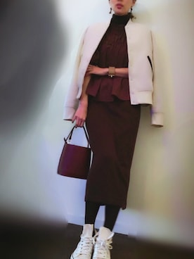 「アイテム（スタジャン、ホワイト系）」を使った、malieさん（レディース・167cm）の冬コーディネート