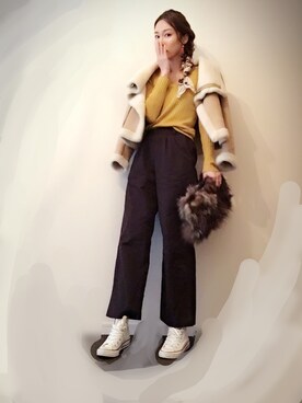 「マスタード」｜「アイテム（ムートンコート）」を使った、malieさん（レディース・167cm）の冬コーディネート