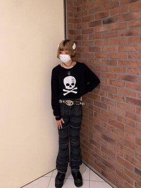 「HYSTERIC GLAMOUR（ヒステリックグラマー）のスクラッチフレアデニムパンツ（デニムパンツ、ブラック系）」を使った、MIWAKOさん（レディース・152cm）の春コーディネート