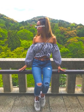 「アイテム（チューブトップ、ブルー系）」を使った、ひすみにさん（レディース・155cm）の夏コーディネート