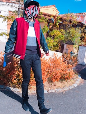「RAGEBLUE（レイジブルー）のアイテム（スタジャン）」を使った、あきおさん（メンズ・182cm）の冬コーディネート