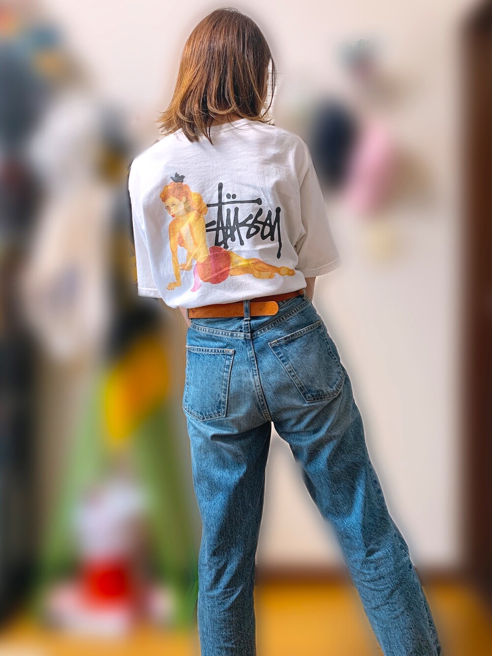 「ステューシー(STUSSY)、GU、Tシャツ×デニム、Tシャツスタイル、Tシャツ、デニムコーデ、デニム、白Tシャツ、バックプリント」｜「STUSSYのアイテム（Tシャツ/カットソー、ホワイト系）」を使った、ayakaさん（レディース・156cm）の夏コーディネートの1枚目の写真