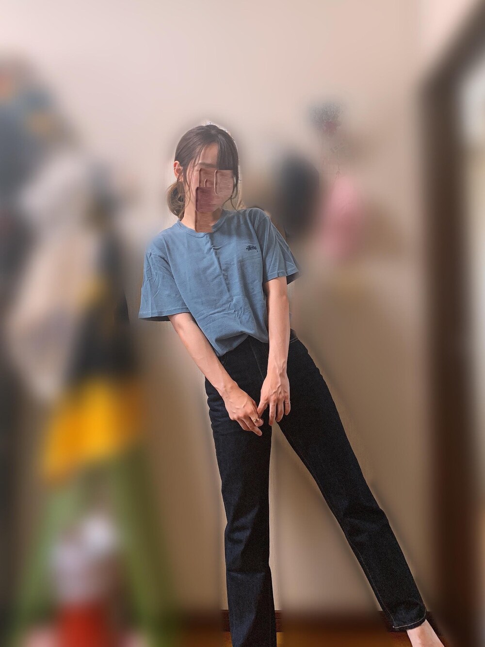「stussy、GU、GUコーデ、青コーデ、ブルーコーデ、デニムパンツ、いいね＆フォロー よろしくお願いします！」｜「STUSSYのアイテム（Tシャツ/カットソー、ブルー系）」を使った、ayakaさん（レディース・156cm）の夏コーディネートの1枚目の写真