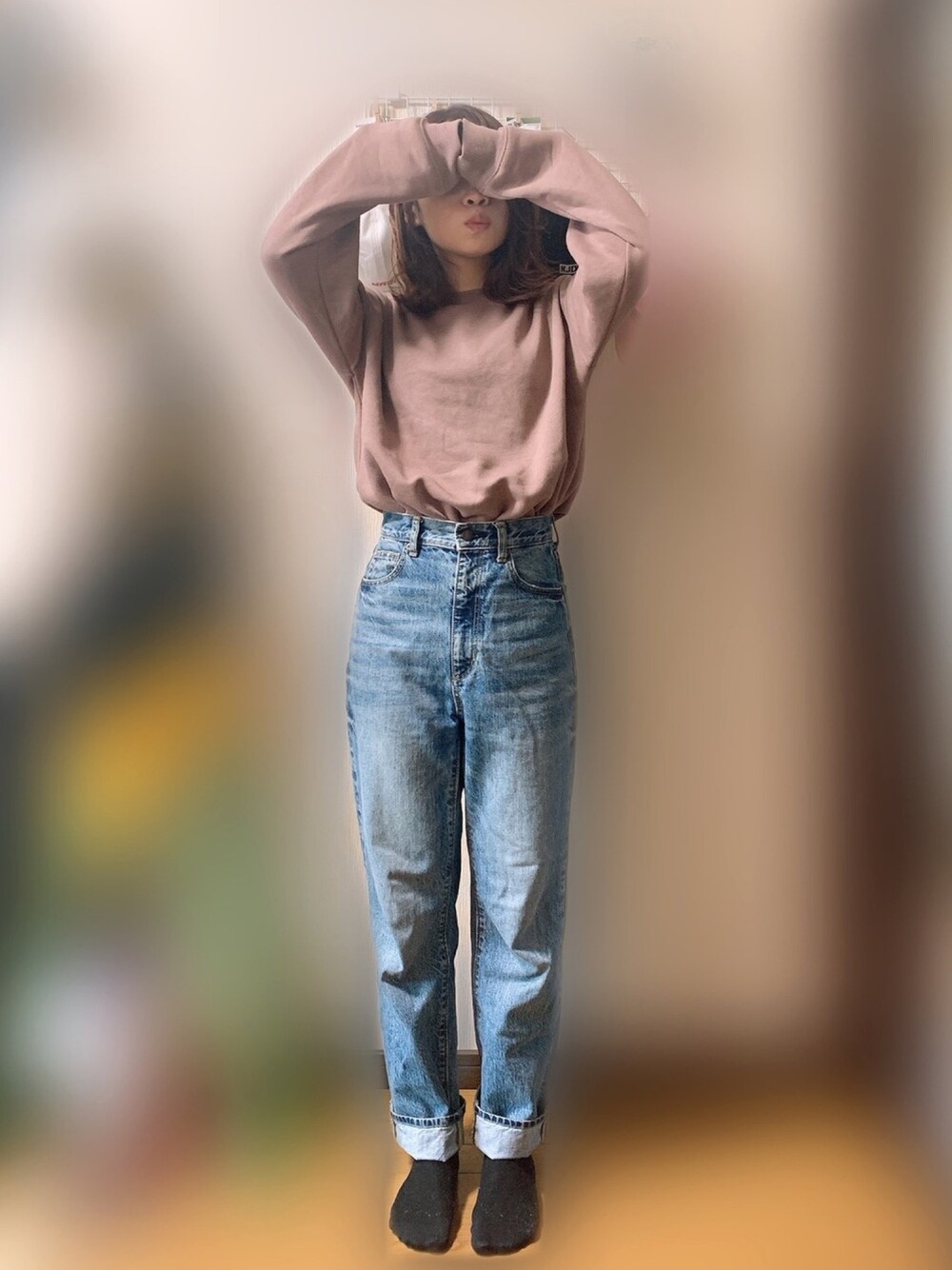 「GUコーデ、くすみピンク、デニムパンツ、ハイウエストストレートジーンズ、スウェット、秋コーデ、低身長、カジュアル、いいね、save、フォローお願いします🤑」｜「GUのアイテム（スウェット、ピンク系）」を使った、ayakaさん（レディース・156cm）の秋コーディネートの1枚目の写真