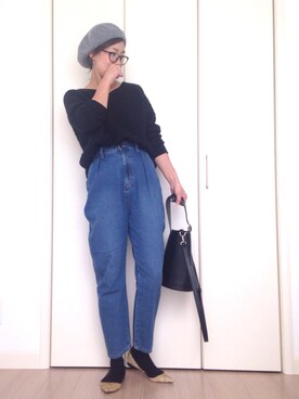 「マムジーンズ」｜「アイテム（ハンチング/ベレー帽）」を使った、トモリB♭さん（レディース・156cm）の春コーディネート