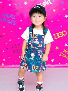 「x-girl stages」｜「アイテム（サロペット/オーバーオール）」を使った、かなよんさん（キッズ・80cm）の秋コーディネート