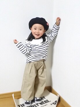 「襟付きトップス」｜「アイテム（ハンチング/ベレー帽）」を使った、かなよんさん（キッズ・90cm）の春コーディネート