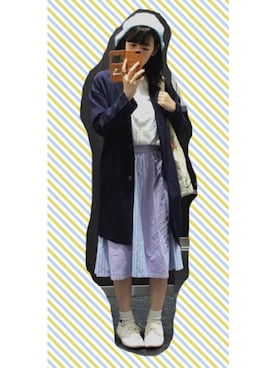 「水色」｜「アイテム（チェスターコート）」を使った、モモチャンピさん（レディース・154cm）の春コーディネート