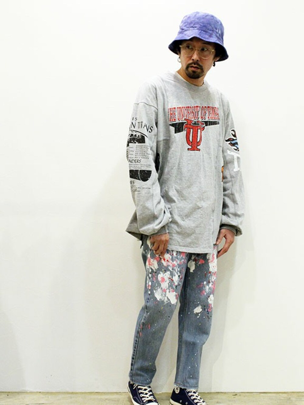 「古着、カジュアル、シンプル、アメカジ、ストリート、ロンT、リメイク、ootd、春コーデ、オトナカジュアル」｜「CHANGES (チェンジーズ) " Remake L/S T-Shirts " College（Tシャツ/カットソー、グレー系）」を使った、nakajiさん（メンズ・168cm）の春コーディネートの1枚目の写真