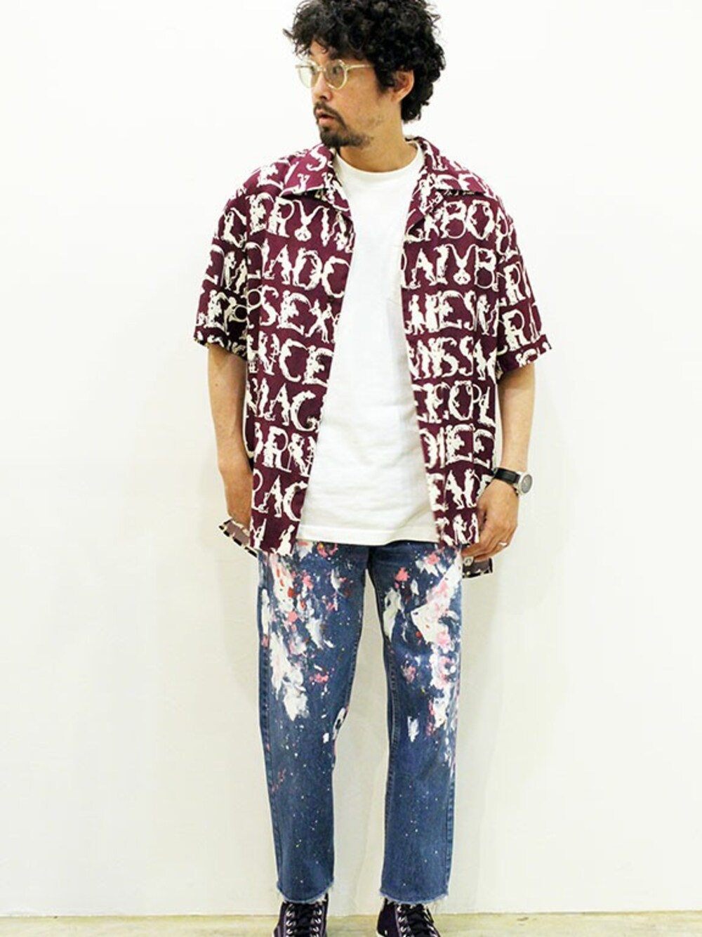 「コンバース、ビッグシルエット、シャツ、サングラス、オーバーサイズ、大人カジュアル、ootd、夏コーデ、アロハシャツ、ゆるコーデ」｜「inkのink (インク) " EMOTION SHIRT "（シャツ/ブラウス、ブラック系）」を使った、nakajiさん（メンズ・168cm）の夏コーディネートの1枚目の写真