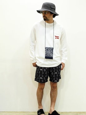 「MANEBU（マネブ）のアイテム（サンダル）」を使った、nakajiさん（メンズ・168cm）の夏コーディネート