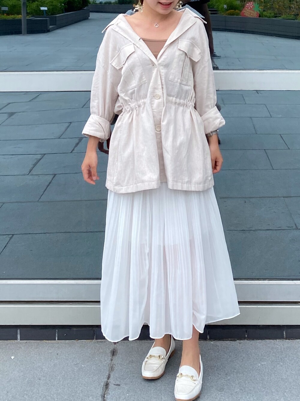 「ootd、夏、UNIQLO、ユニクロコーデ、ユニクロ、消えそうな色コーデ、GU、GUコーデ」｜「UNIQLOのリネンコットンシャツジャケット（その他アウター、ベージュ系）」を使った、些雲♡シャロンさん（レディース・155cm）の春コーディネートの1枚目の写真