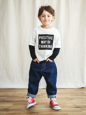 「BRANSHES（ブランシェス）の【重ね着風ボックスロゴ】長袖Tシャツ（Tシャツ/カットソー）」を使った、BRANSHESさん（キッズ・109cm）の秋コーディネート